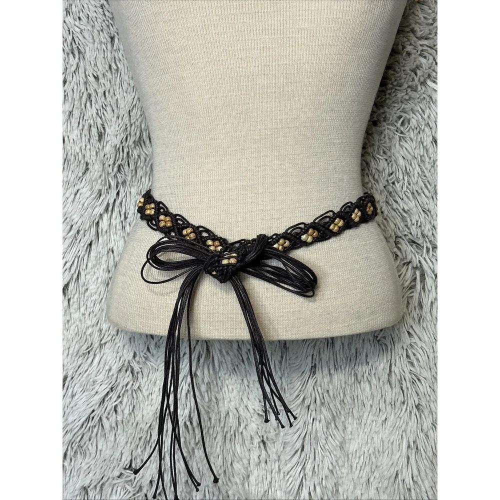 Vtg Macrame Wood Beaded Waist Tie Belt Fringe Dark Brown Hippie Boho 32